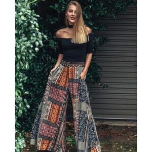 Jaase Boho Patchwork Wide Leg Pants Multi Color Floral Sequin Waist Small